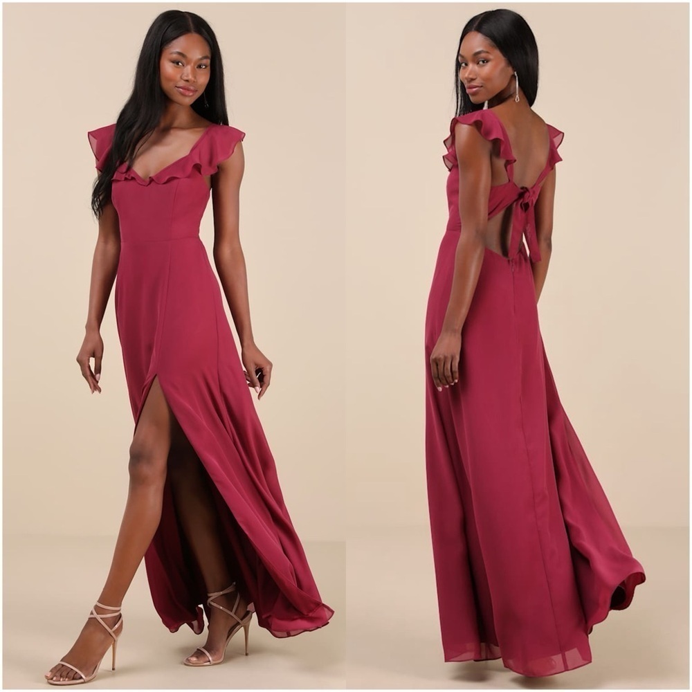 LULU’S Sweetest Entrance Dark Magenta Ruffled Tie-Back Maxi Dress